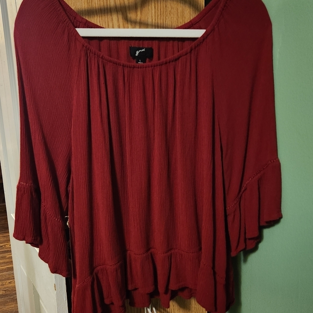 GNW Romantic Flowy Red/Fuschia Hippie 3/4 Flare-Sleeve Top Sz Large - Picture 4 of 7